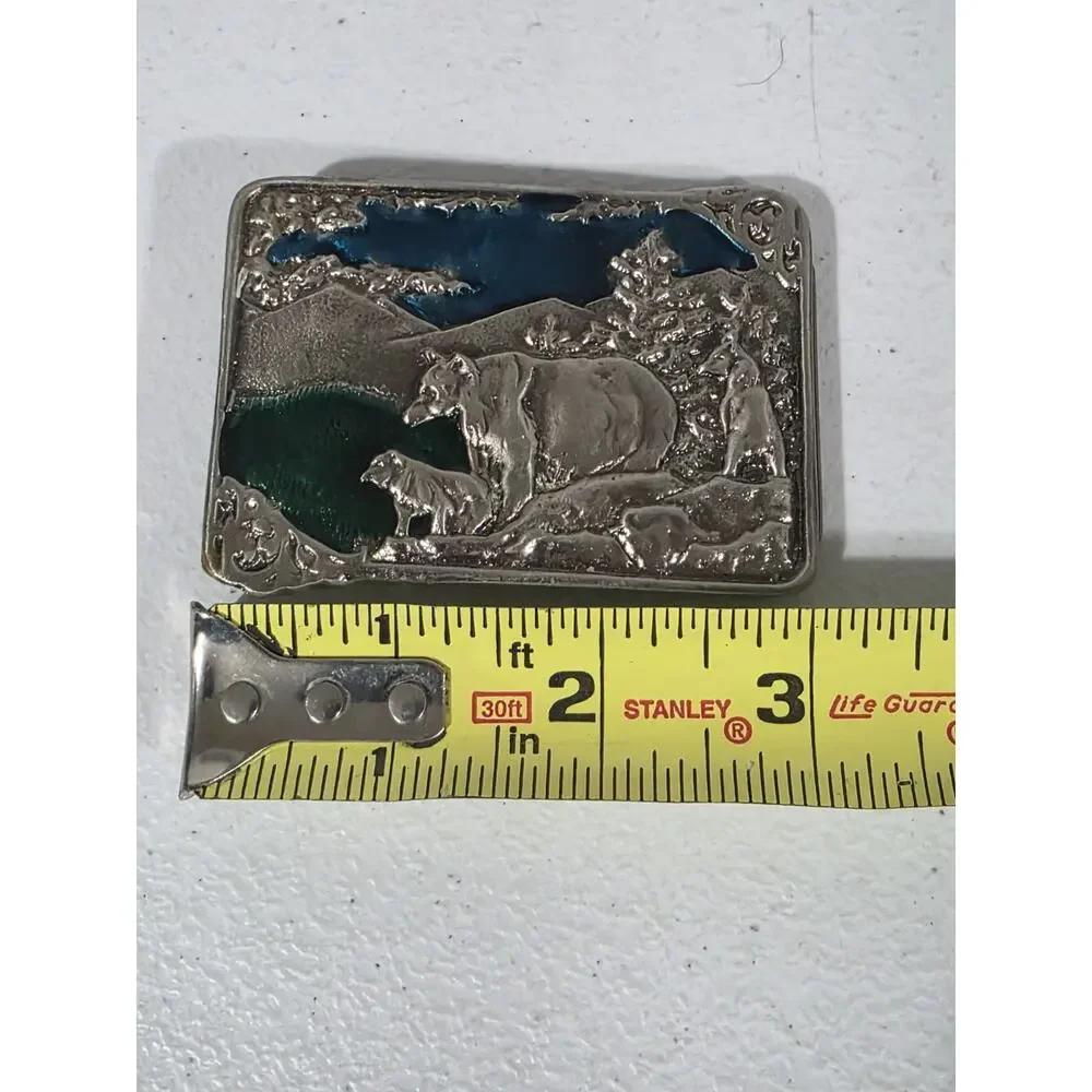 Vintage Mother Bear & Cubs Mountain Landscape Scene Belt Buckle